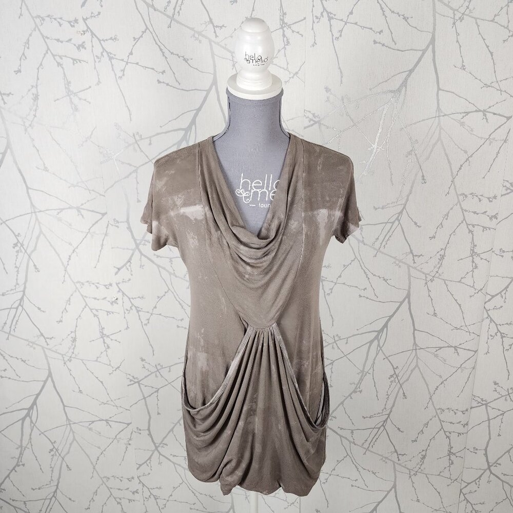 Ronen Chen Beige Washed Stretch Knit Pleated Drape Front Tunic
